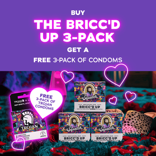 Promotional graphic for Dr. Squatch Bricc'd Up Condom 3-Pack